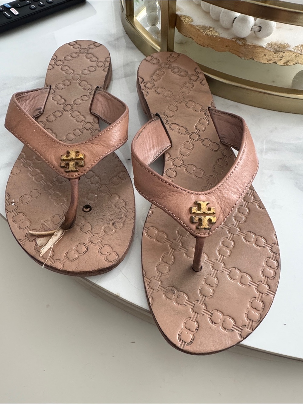 Tory Burch Rose Gold Leather Logo Thong Sandals